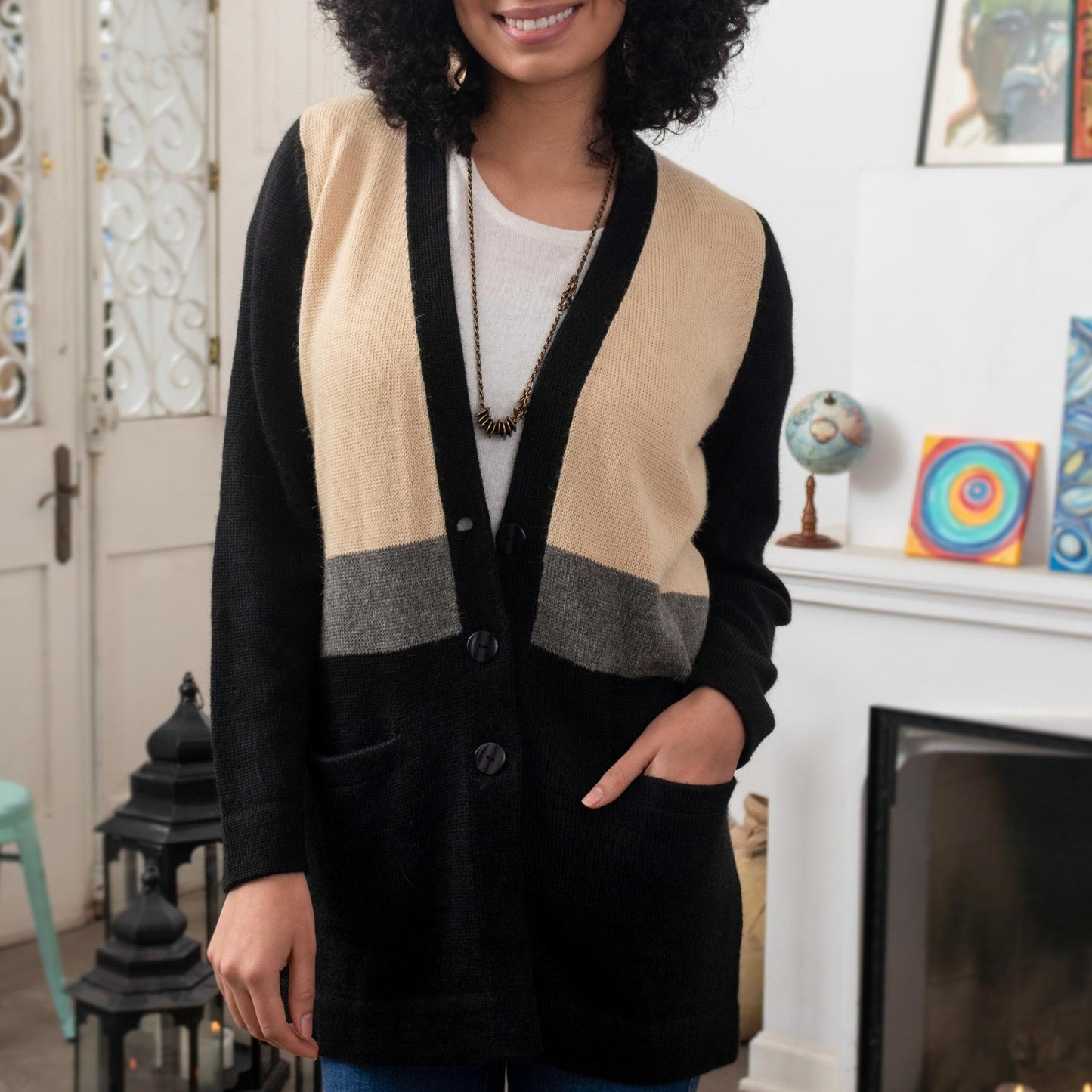 Alpaca Blend Three Tone Cardigan With Three Buttons Peru - Miraflores Cardigan