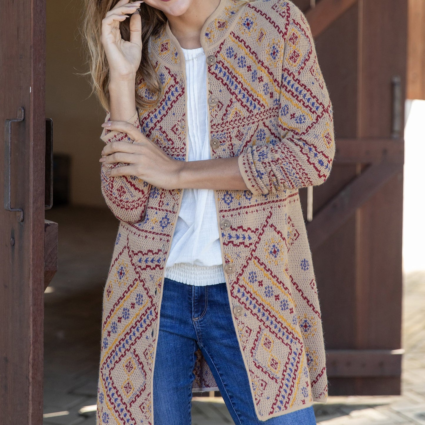 100% Baby Alpaca Beige Long Cardigan with Mandarin Collar - Nordic Chic in Beige