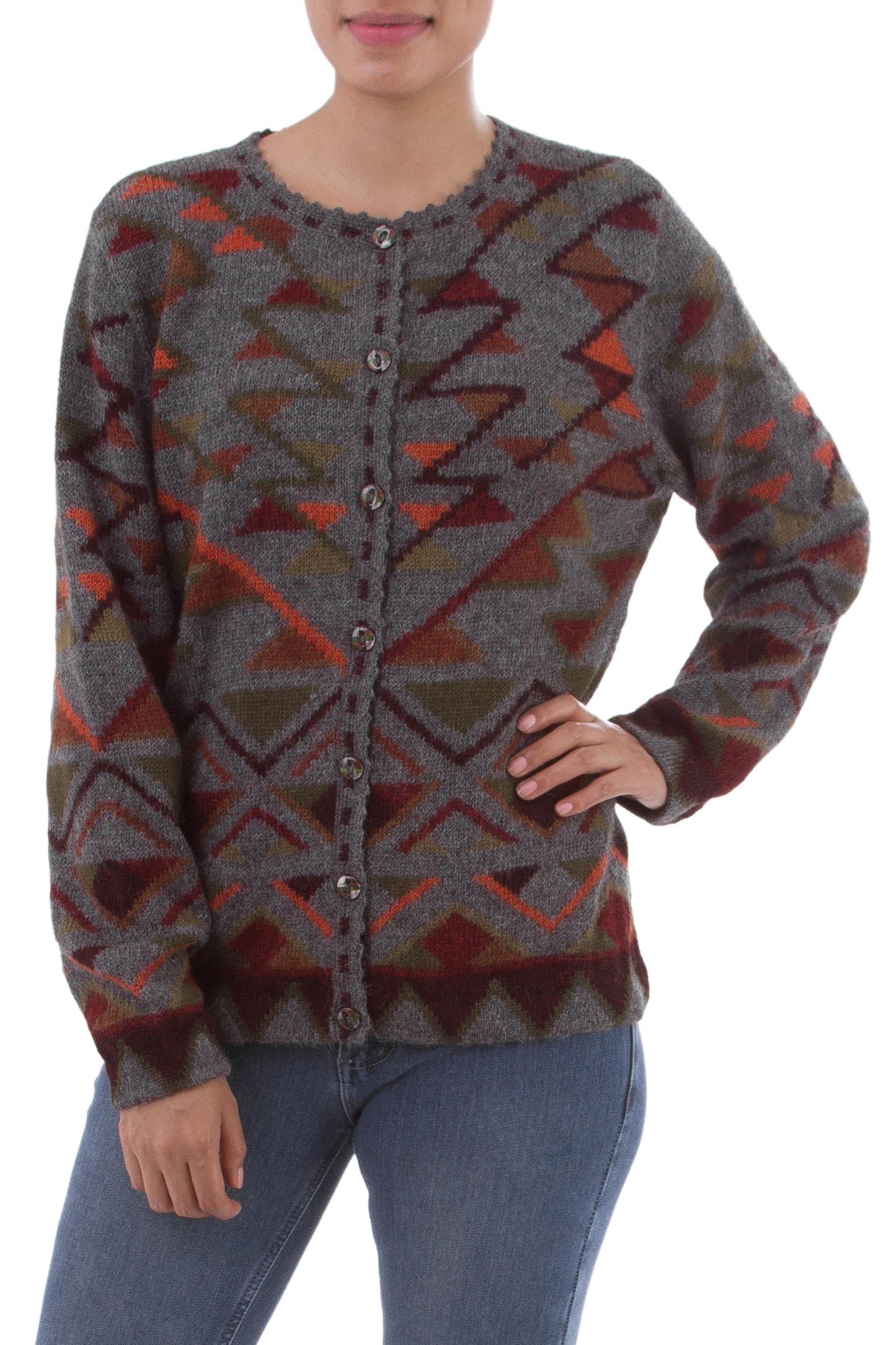 100% Alpaca Inca Geometric Pattern Grey Cardigan Sweater - Inca Nobility