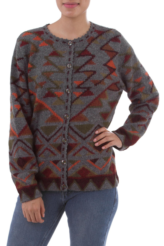 100% Alpaca Inca Geometric Pattern Grey Cardigan Sweater - Inca Nobility