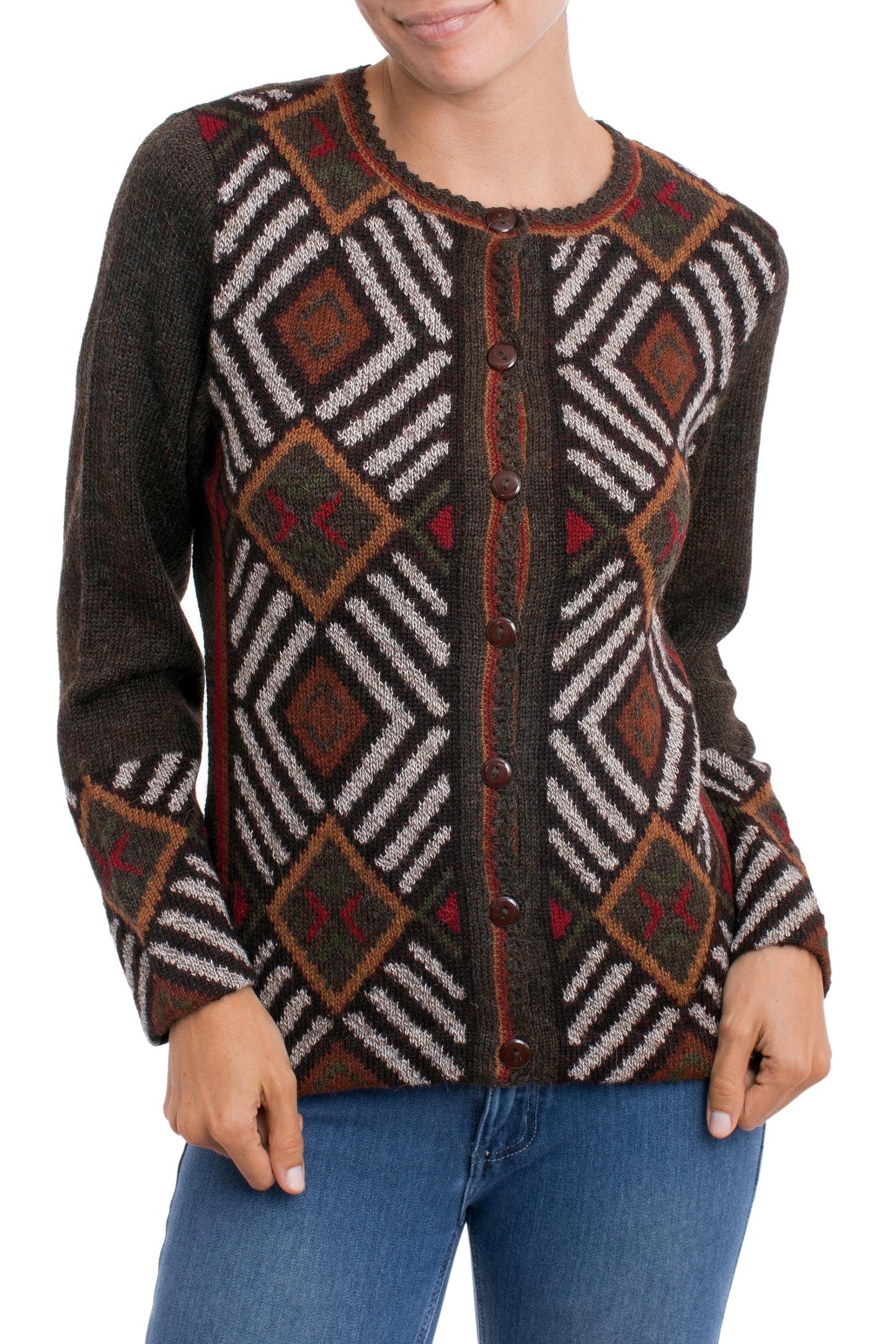 100% Alpaca Brown Cardigan Sweater with Diamond Motif - Incan Argyle