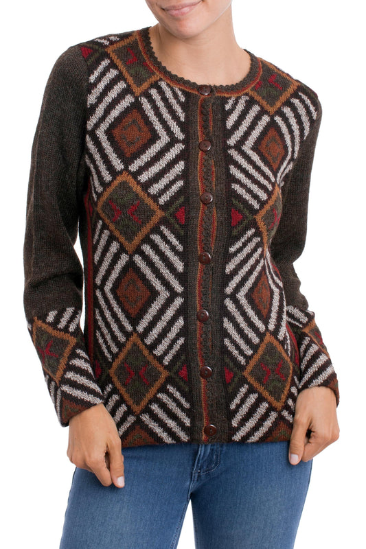 100% Alpaca Brown Cardigan Sweater with Diamond Motif - Incan Argyle