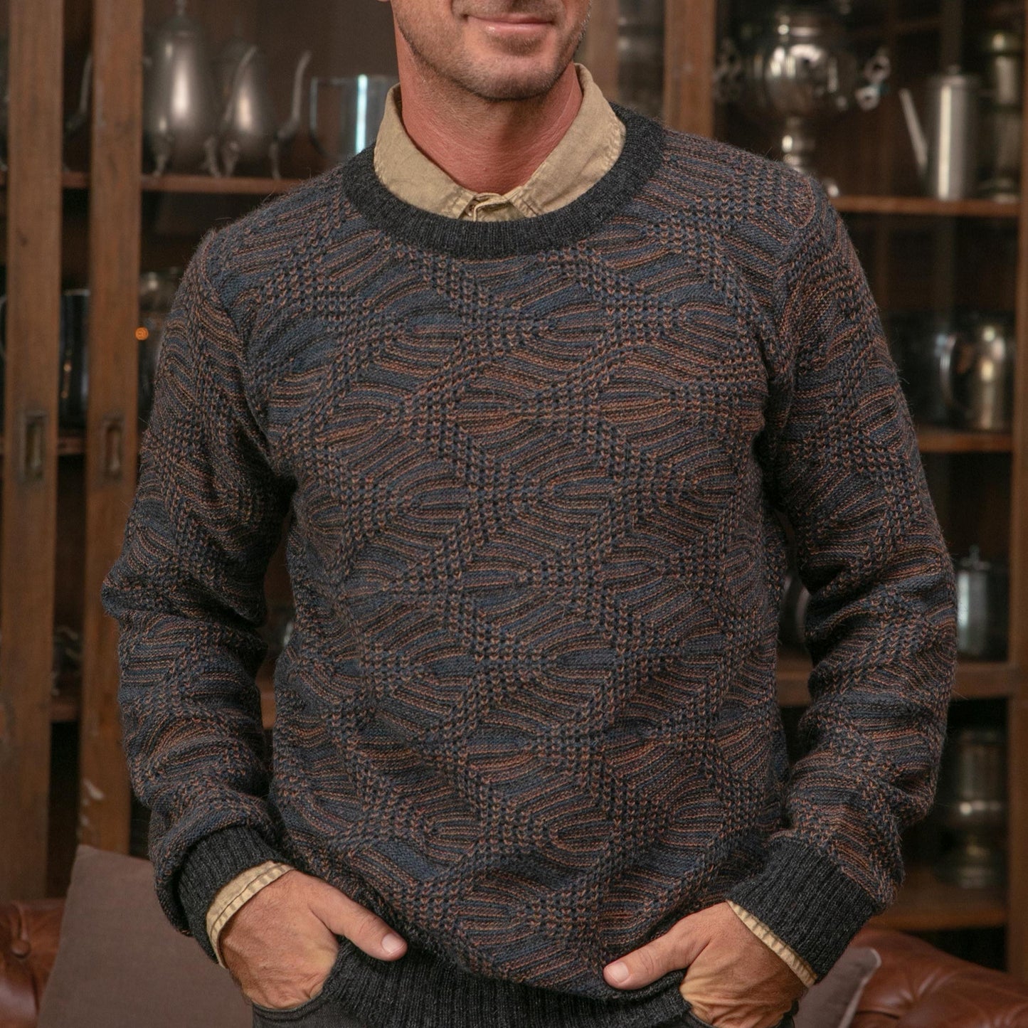 Azure and Sunrise Men's 100% Alpaca Pullover from Peru - Nasca Labyrinth