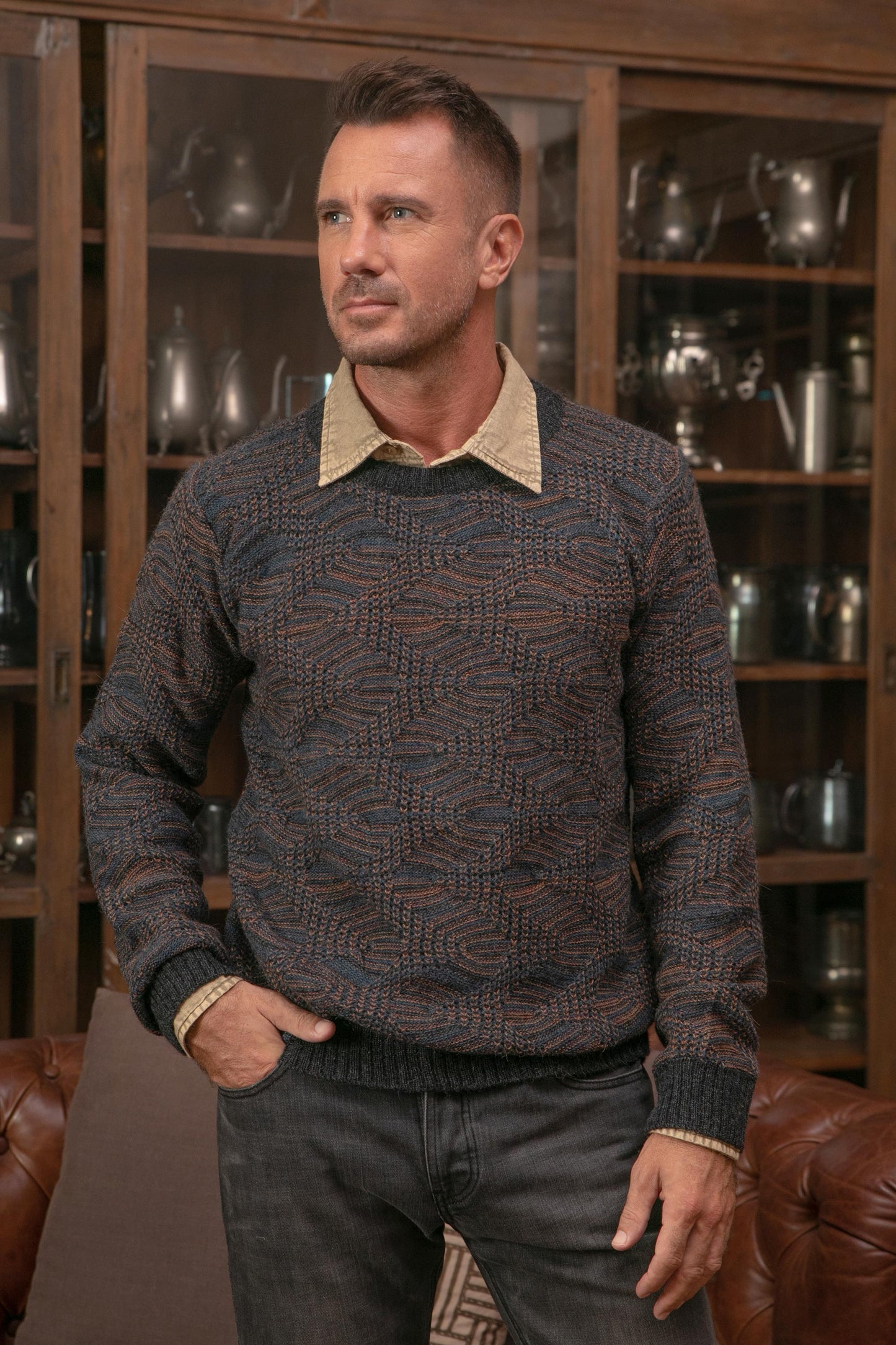 Azure and Sunrise Men's 100% Alpaca Pullover from Peru - Nasca Labyrinth