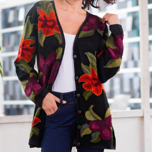 Alpaca Intarsia Knit Cardigan In Multicolored Floral - Cusco Flowers in Black