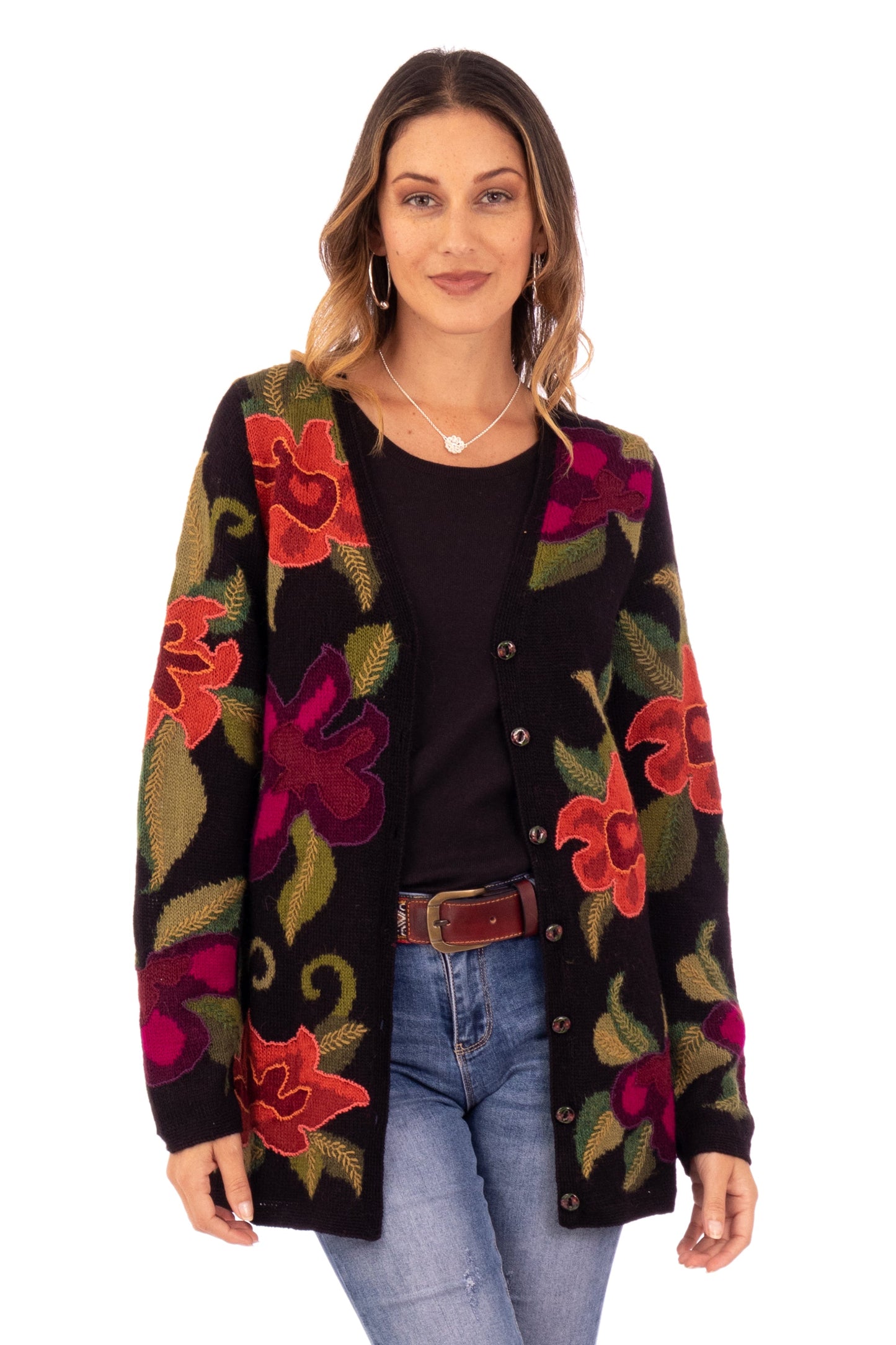 Alpaca Intarsia Knit Cardigan In Multicolored Floral - Cusco Flowers in Black