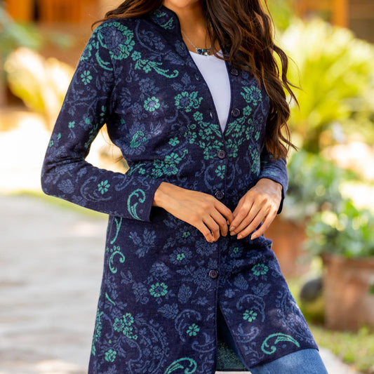 Blue Floral Jacquard Knit Alpaca Cardigan - Blue Dream Garden