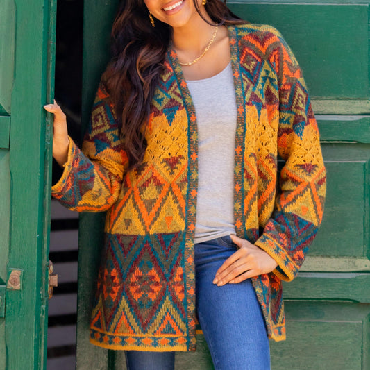 Baby Alpaca Blend Geometric Motifs Knit Cardigan Sweater - Chevere Art Knit Cardigan