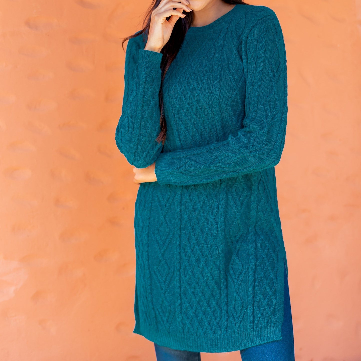 Baby Alpaca Teal Cable Knit Tunic Sweater Dress - Winter Teal
