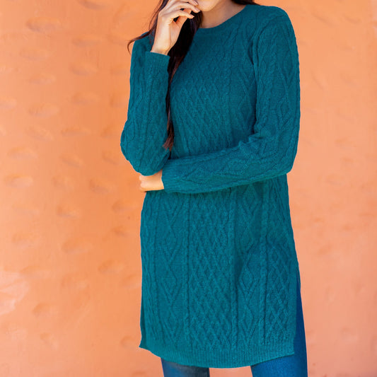 Baby Alpaca Teal Cable Knit Tunic Sweater Dress - Winter Teal