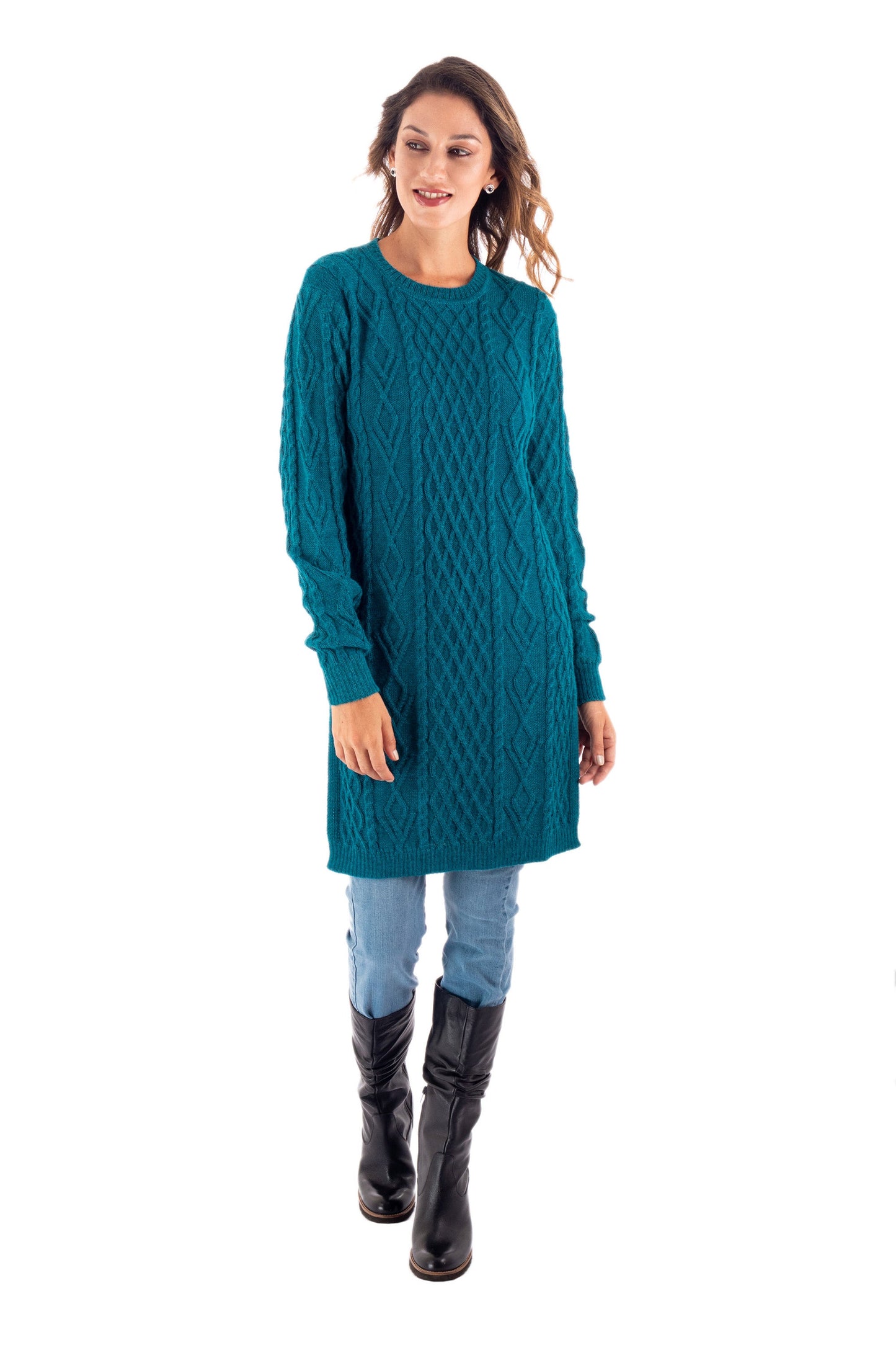 Baby Alpaca Teal Cable Knit Tunic Sweater Dress - Winter Teal