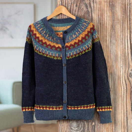 100% Alpaca Yoke Cardigan Sweater with Buttons From Peru - Blue Andean Nordic