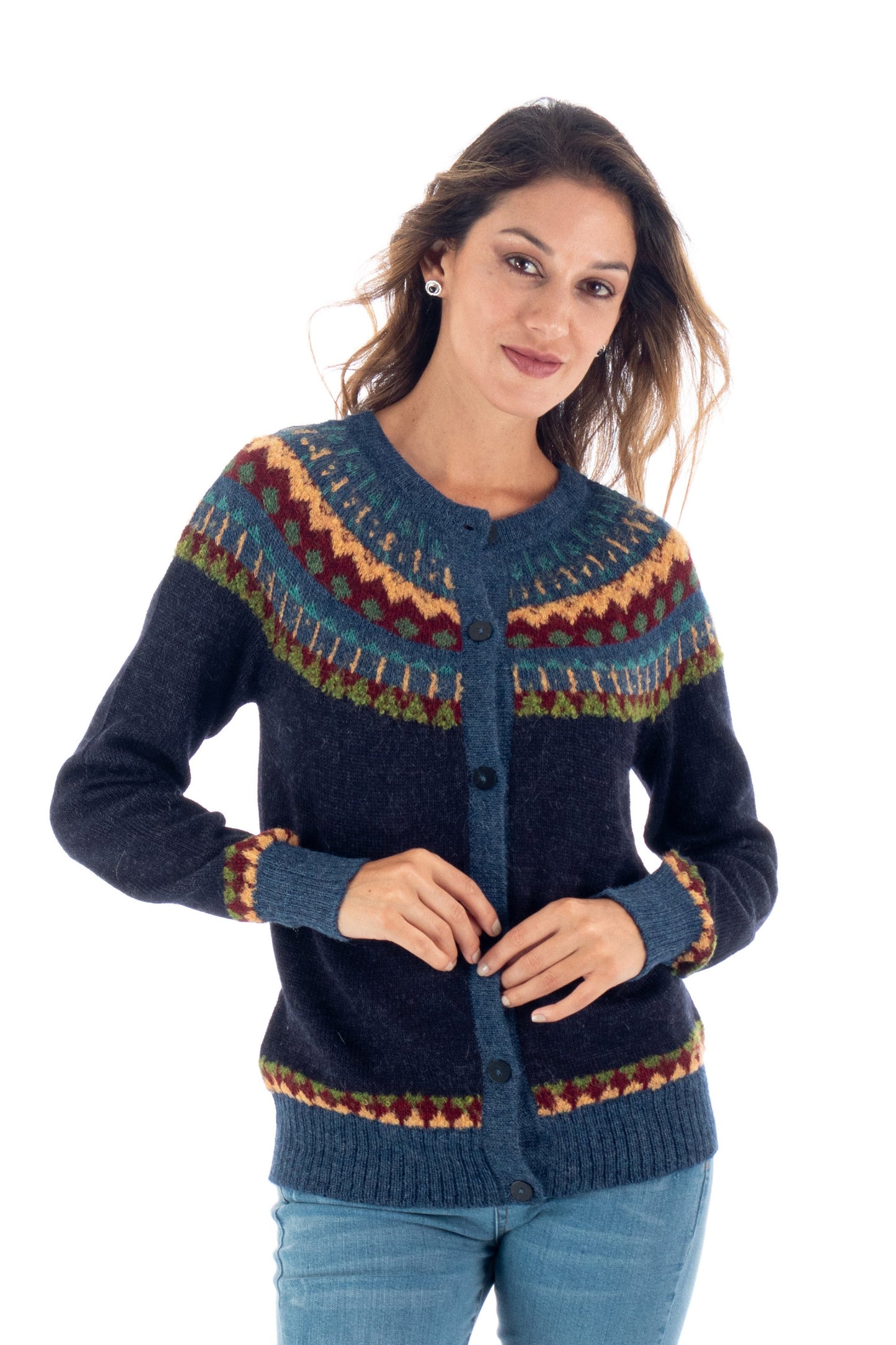 100% Alpaca Yoke Cardigan Sweater with Buttons From Peru - Blue Andean Nordic