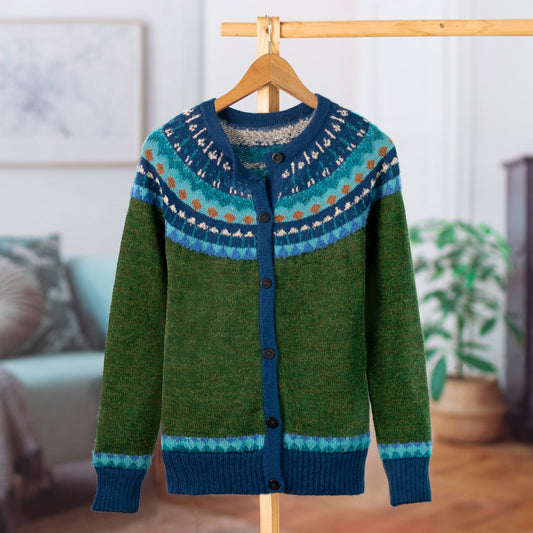 100% Alpaca Green Yoke Cardigan From Peru - Andean Forests