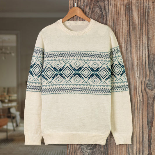 100% Alpaca Men's Pullover Sweater with Geometric Design - Ancient Histories in Ivory
