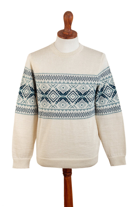 100% Alpaca Men's Pullover Sweater with Geometric Design - Ancient Histories in Ivory
