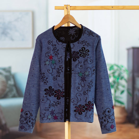 Blue and Black Reversible Alpaca Blend Cardigan - Blue Kiko