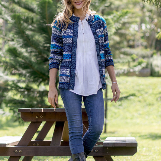 Blue Alpaca Blend Cardigan with Inca Motifs - Empire Memories