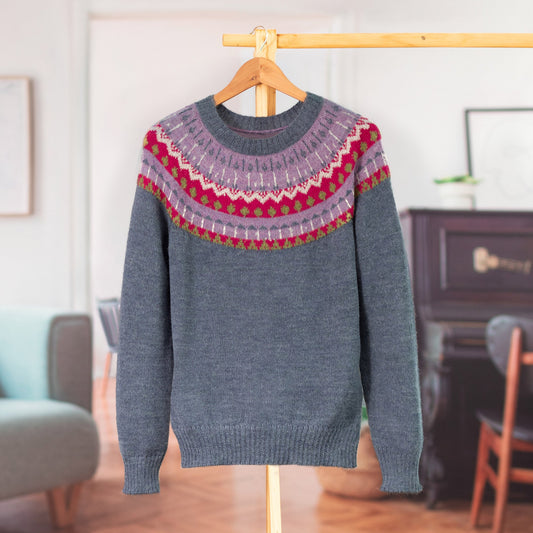 100% Alpaca Knit & Patterned Pullover Sweater in Steel Blue - Winter Skyline
