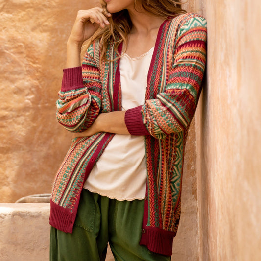 Baby Alpaca Blend Cardigan with Geometric Patterns from Peru - Zig-Zag Threads in Red