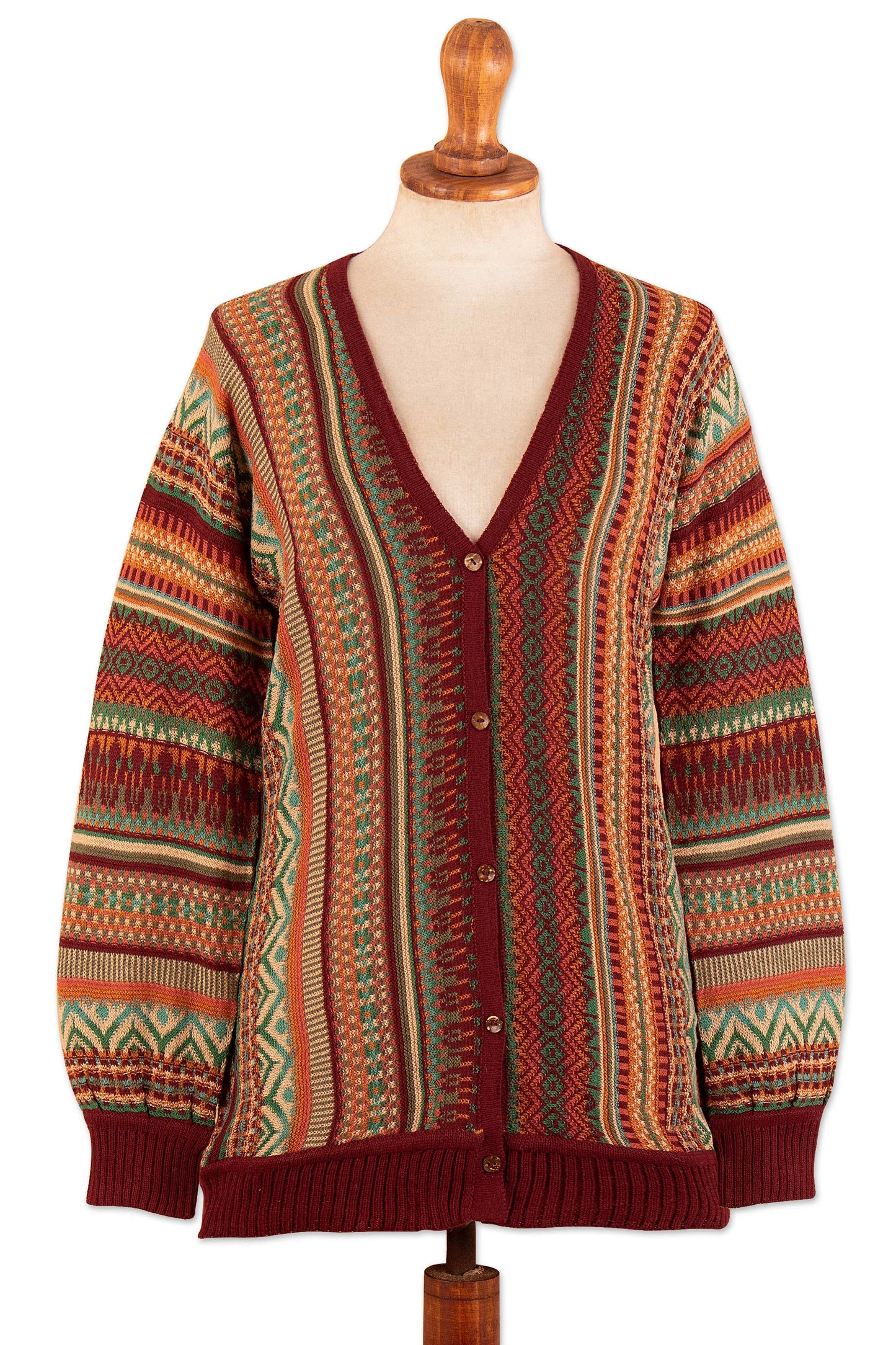 Baby Alpaca Blend Cardigan with Geometric Patterns from Peru - Zig-Zag Threads in Red