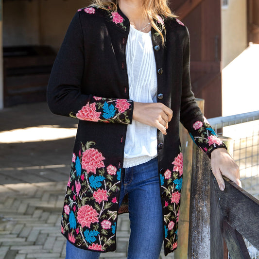 100% Baby Alpaca Black Long Cardigan with Floral Motifs - Midday Garden