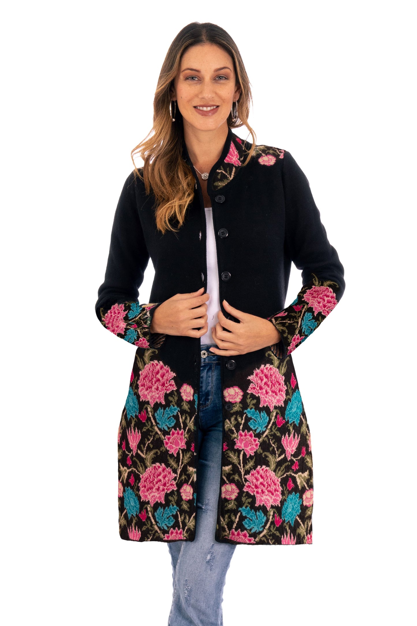 100% Baby Alpaca Black Long Cardigan with Floral Motifs - Midday Garden